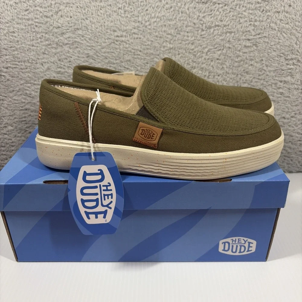 Hey Dude Slip On Boat Shoes Mens 8 Olive Brown Sunapee M Coastline - NEW in Box